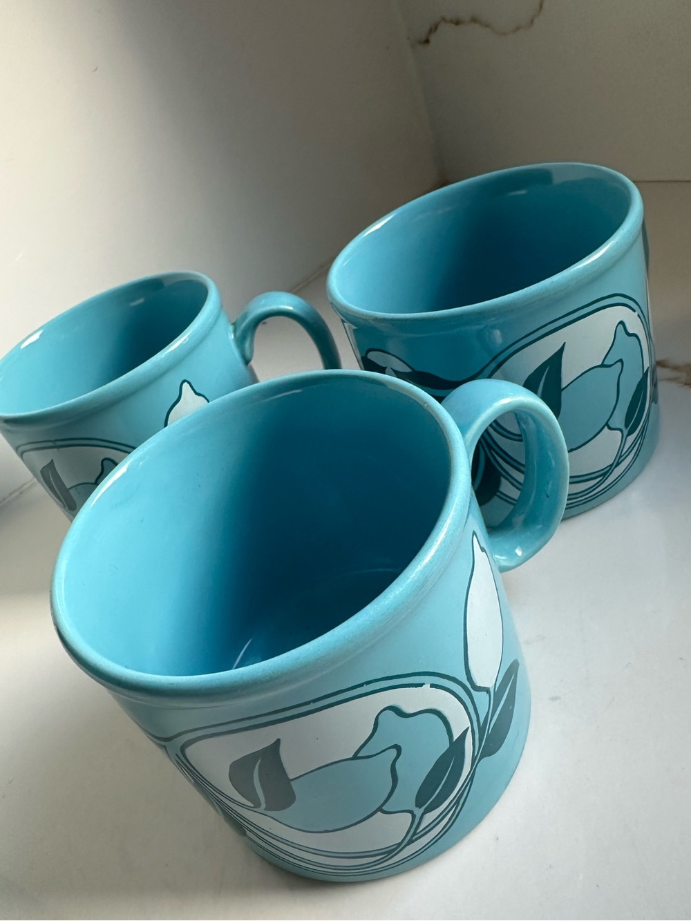 Vintage Staffordshire Potteries England Blue Floral Mugs Set of 3 Retro 1970s